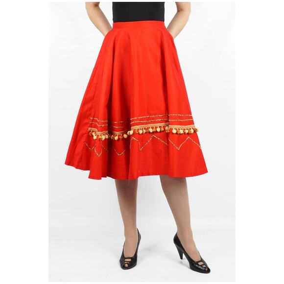 Vintage 1950s Red Beaded Zig Zag Pom-pom Circle Skirt by Capitol of Boston | Med - Picture 4 of 10